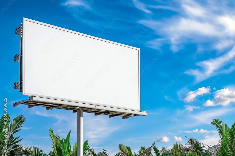 Fototapeta premium Blank billboard under a clear blue sky surrounded by lush greenery, ideal for advertising or promotional content.