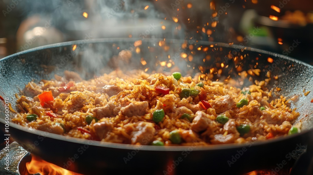 A close-up image showing the cooking process of a delicious meal in a pan with fire and sparks visib A close-up image showing the cooking process of a delicious meal in a pan with fire and sparks visib