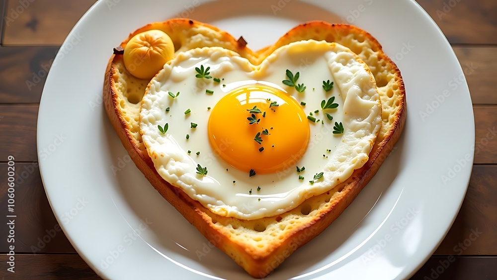 Heart shaped fried egg top view valentine's day Heart shaped fried egg top view valentine's day