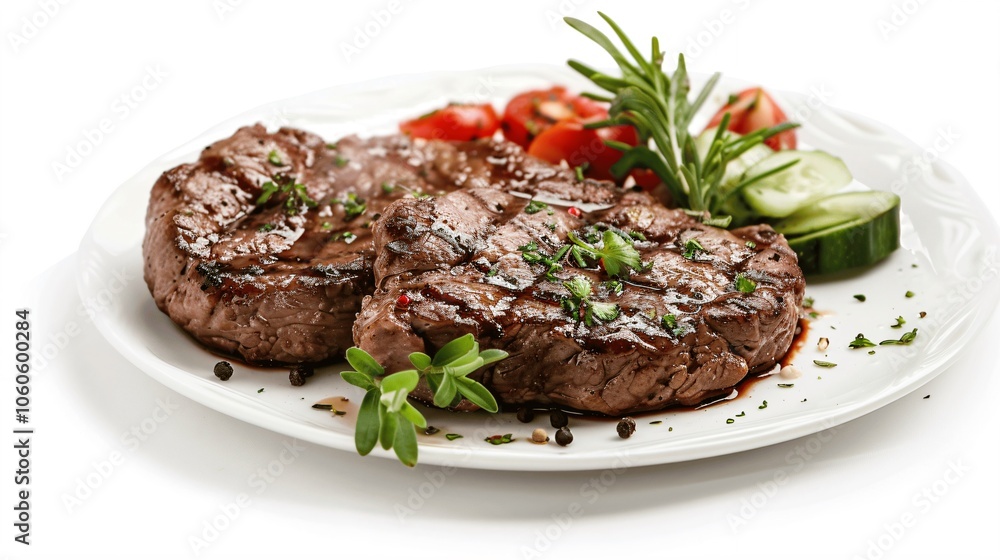 Grilled Steak with Fresh Vegetables on White Plate Grilled Steak with Fresh Vegetables on White Plate