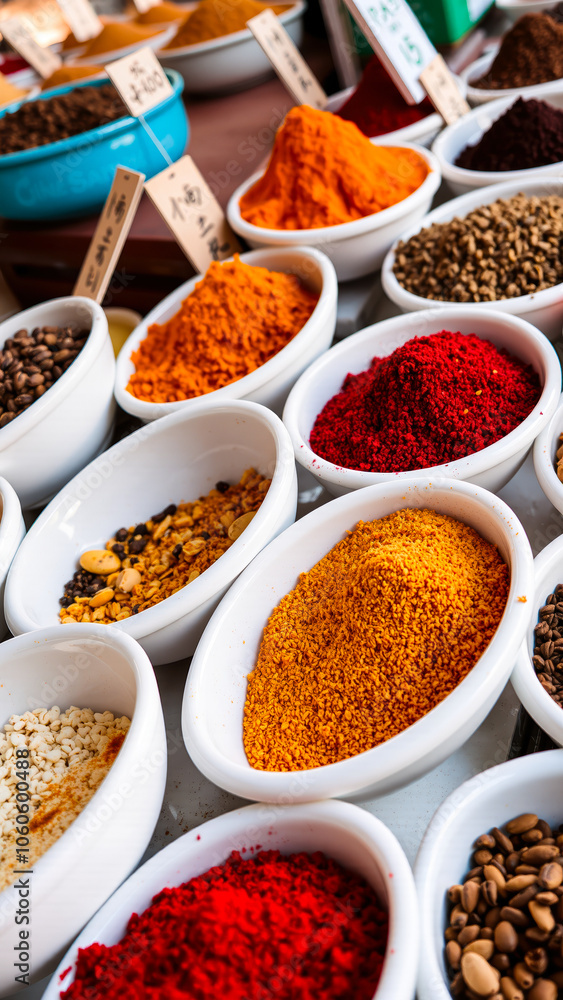 display colorful spices seeds white bowls display colorful spices seeds white bowls