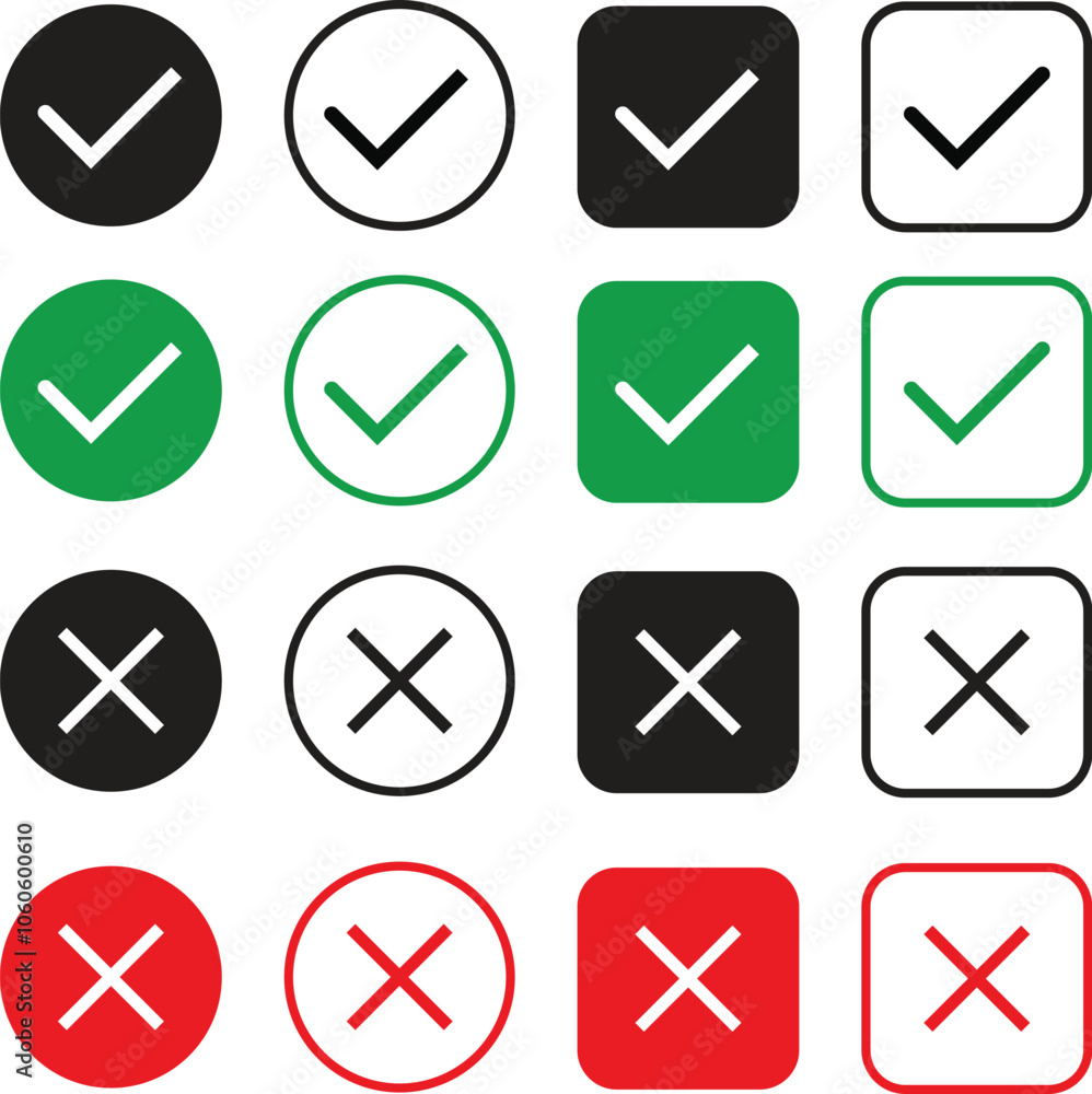 Checkmark crossmark icon set. Green check mark icon and red cross mark icon set. Check mark with right and wrong sign. Tick and cross icon set. Green check button and red wrong button.
Checkmark crossmark icon set. Green check mark icon and red cross mark icon set. Check mark with right and wrong sign. Tick and cross icon set. Green check button and red wrong button.