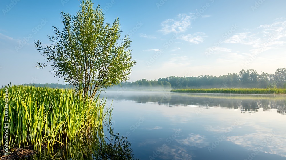 Serene reflections of nature in a tranquil waterscape under blue skies Serene reflections of nature in a tranquil waterscape under blue skies