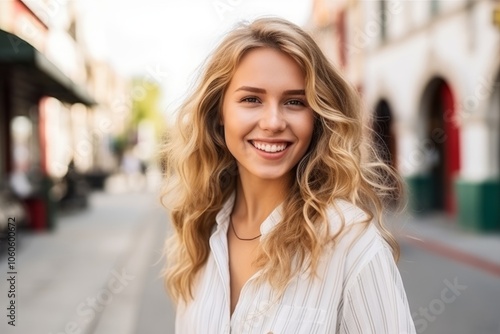 Closeup portrait of a beautiful young woman with blond hair smiling at the camera