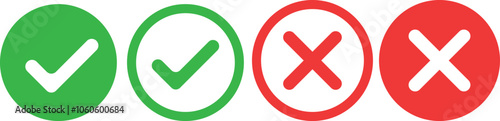 Checkmark crossmark icon set. Green check mark icon and red cross mark icon set. Check mark with right and wrong sign. Tick and cross icon set. Green check button and red wrong button.
 photo