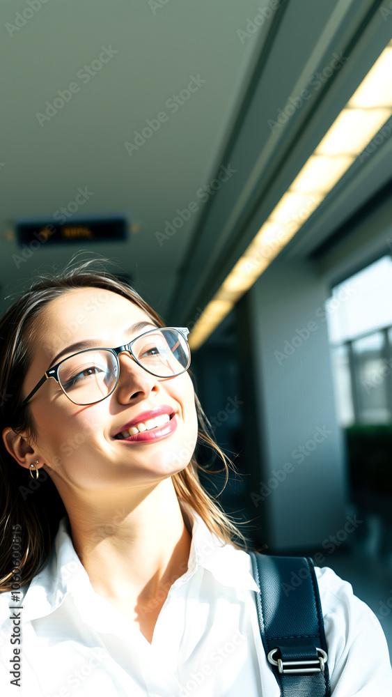 young woman smiles brightly looking upward a sunlit room young woman smiles brightly looking upward a sunlit room