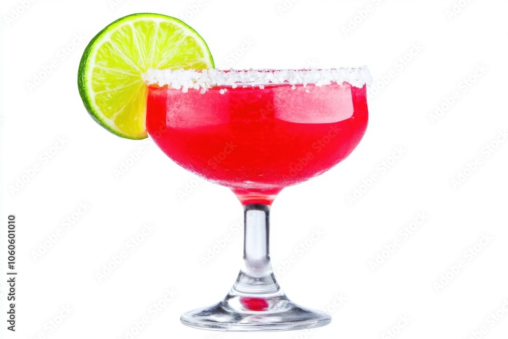 Vivid red margarita cocktail with lime salt rim on white background Vivid red margarita cocktail with lime salt rim on white background