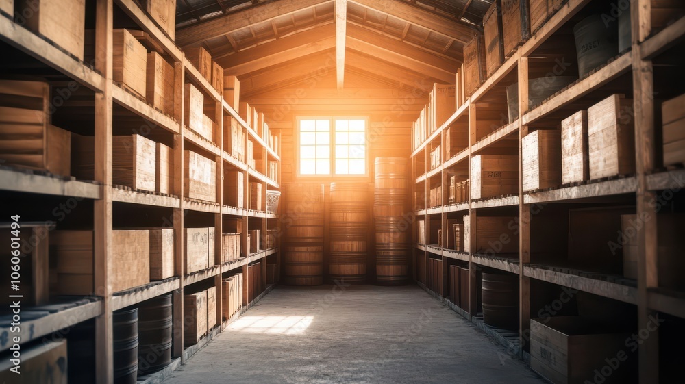 A serene interior of a wooden storage room, illuminated by sunlight, featuring organized shelves and a warm atmosphere. A serene interior of a wooden storage room, illuminated by sunlight, featuring organized shelves and a warm atmosphere.
