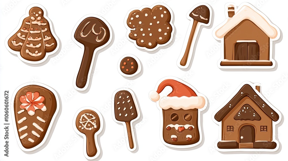 Adorable holiday stickers of Santa's workshop tools, Christmas cookies, and gingerbread houses. Adorable holiday stickers of Santa's workshop tools, Christmas cookies, and gingerbread houses.