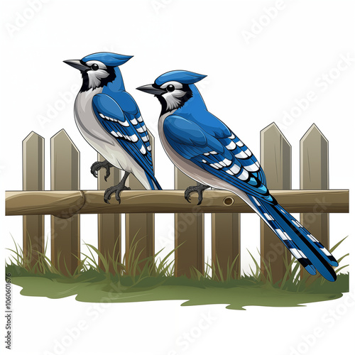 Two blue jays perched on a wooden fence near green grass during a sunny day photo