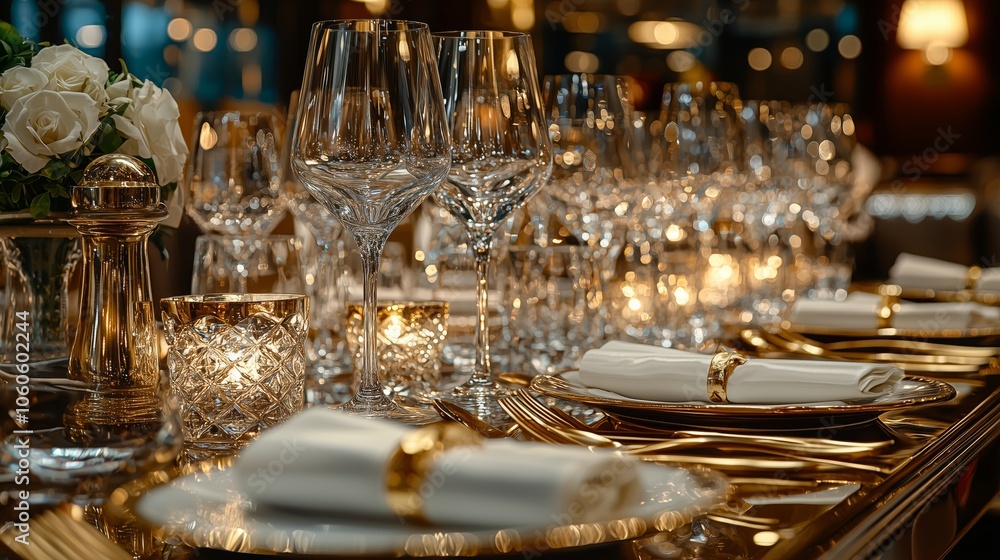 Elegant Table Setting with Gold Cutlery and Crystal Decor Elegant Table Setting with Gold Cutlery and Crystal Decor