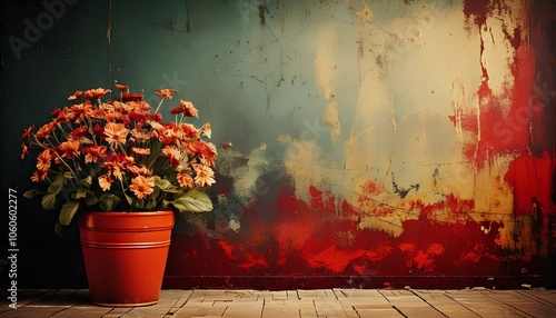 red flowers in a pot, Grungy background for photography for advertising including a big pot of flower, illustration photo