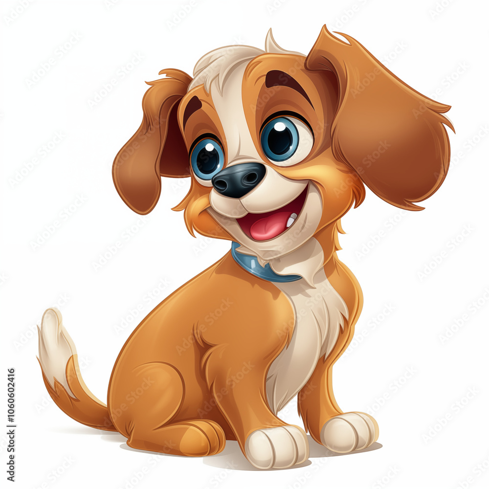 Naklejka premium A cheerful cartoon puppy sits happily with a playful expression in a bright, colorful style
