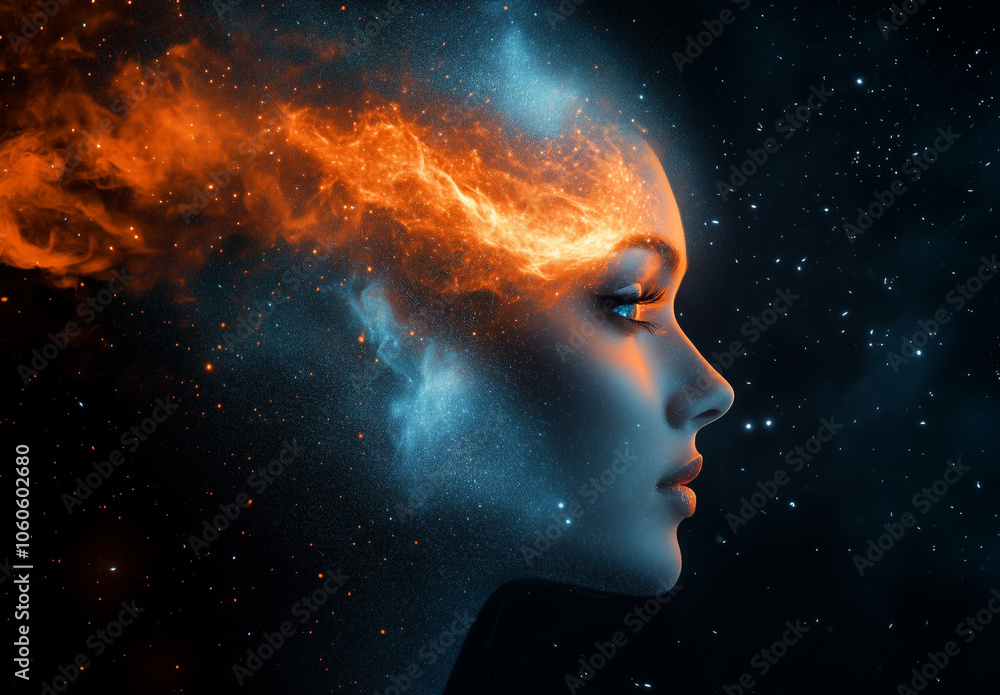 A photorealistic portrait of a beautiful woman's head made of stardust and nebulae, with a profile shot against a black background A photorealistic portrait of a beautiful woman's head made of stardust and nebulae, with a profile shot against a black background