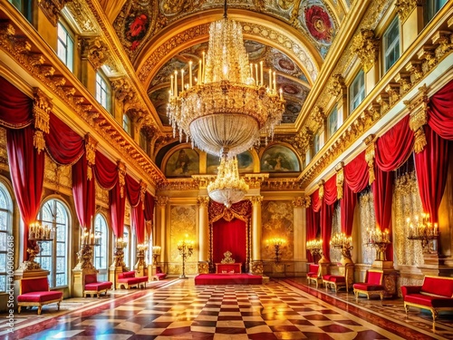 Lavishly adorned royal palace interior, featuring luxurious golden and red highlights; a breathtaking fantasy throne room concept art designed for mesmerizing visual impact. photo