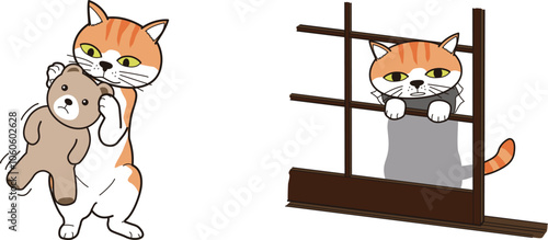 ぬいぐるみと遊び障子を破る猫(茶トラ)