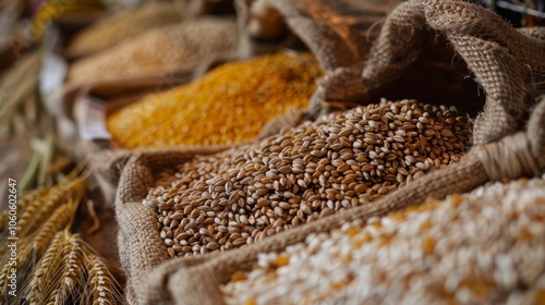 A display of different types of grains such as wheat oats and barley showcasing the staple crops in agriculture.