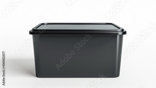 Black plastic storage box with lid, isolated on a white background