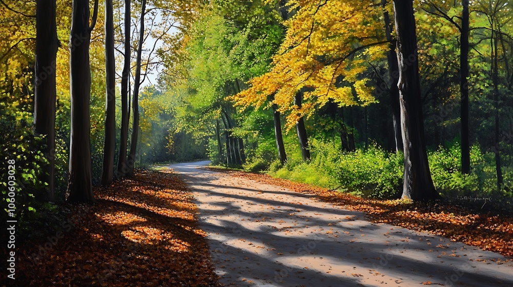 Autumn Forest Path with Sunlight and Fallen Leaves Autumn Forest Path with Sunlight and Fallen Leaves