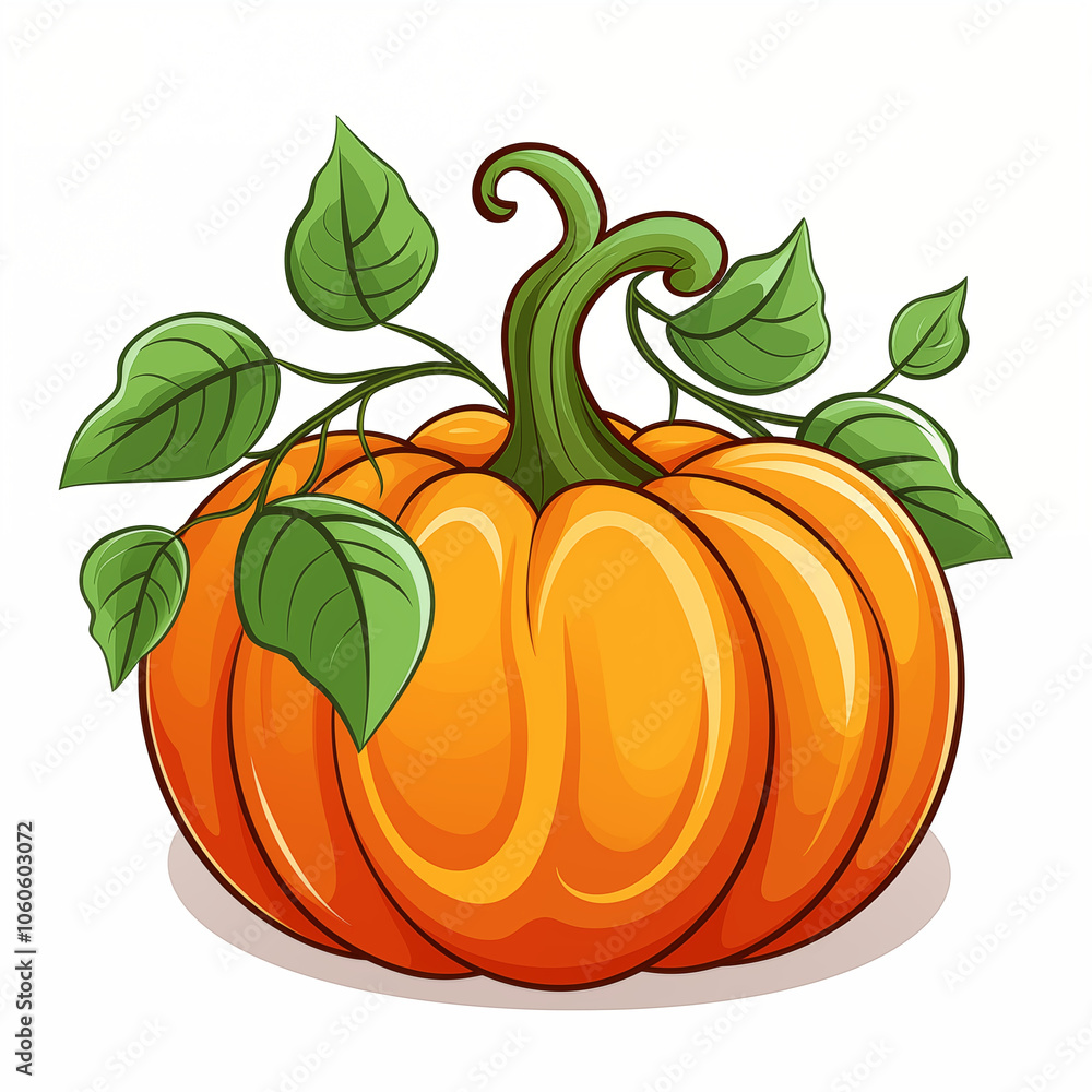 A vibrant orange pumpkin with green leaves resting on a white background in autumn A vibrant orange pumpkin with green leaves resting on a white background in autumn