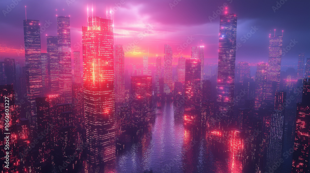 A cityscape with a red sunset in the background A cityscape with a red sunset in the background