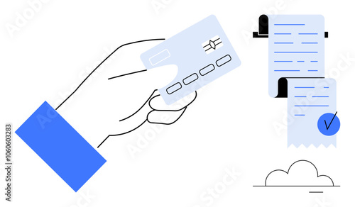 Hand holding a credit card next to printed receipts with a checkmark. Ideal for financial transactions, online payments, e-commerce, retail, and banking. Modern minimalist style