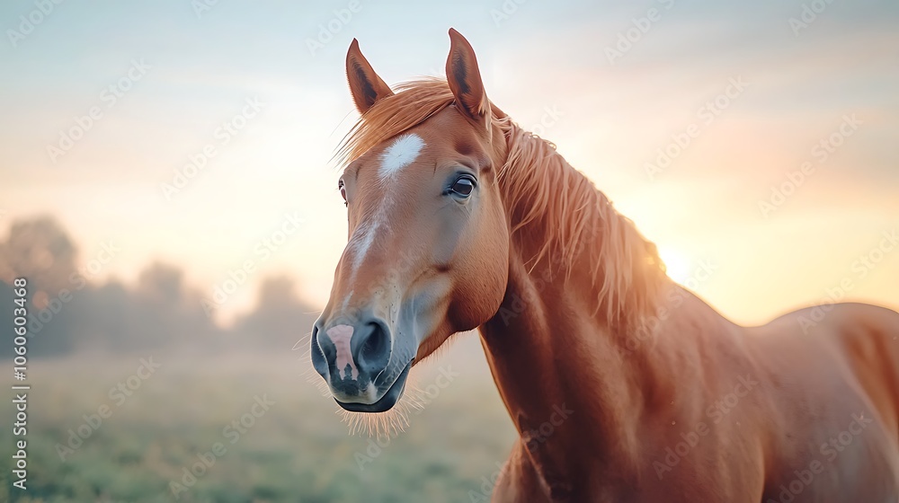 Fototapeta premium Majestic horse stands gracefully against sunrise in serene pasture capturing tranquility and beauty of nature