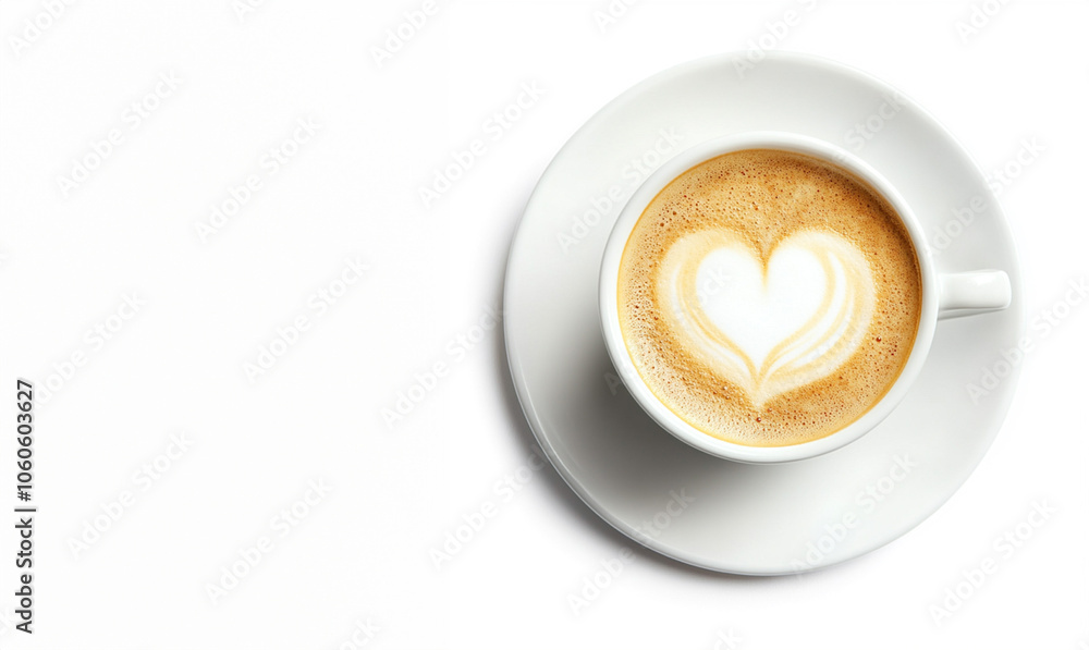Cup of coffee or latte with heart on white background with room for text Cup of coffee or latte with heart on white background with room for text