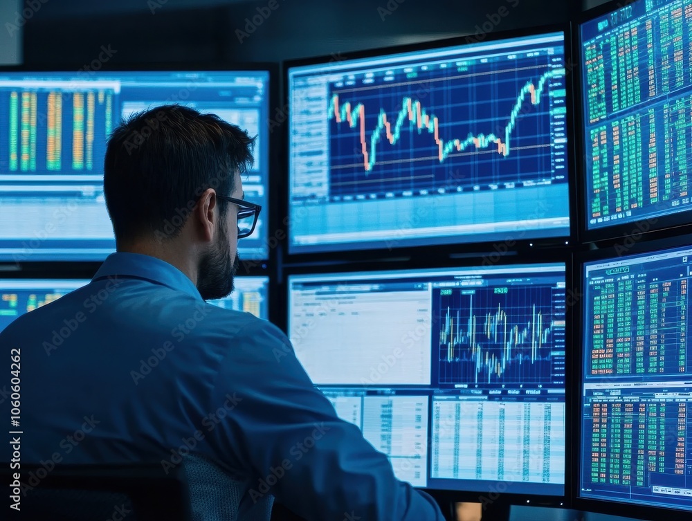 A professional analyzing financial data on multiple monitors while working in a modern trading environment. A professional analyzing financial data on multiple monitors while working in a modern trading environment.