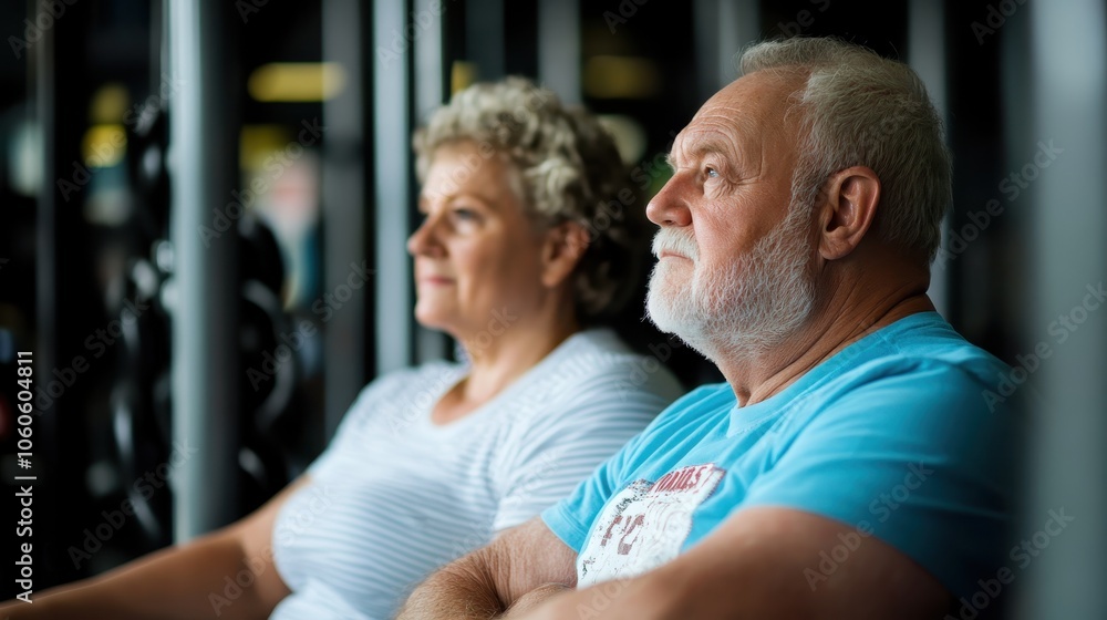 An elderly couple sits thoughtfully in a gym, surrounded by exercise equipment, as they reflect on maintaining health and fitness in their later years with determination and hope. An elderly couple sits thoughtfully in a gym, surrounded by exercise equipment, as they reflect on maintaining health and fitness in their later years with determination and hope.