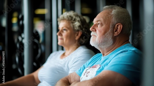 An elderly couple sits thoughtfully in a gym, surrounded by exercise equipment, as they reflect on maintaining health and fitness in their later years with determination and hope.