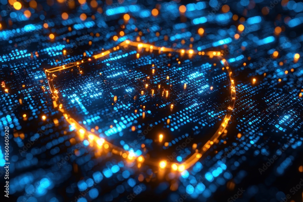 Obraz premium Abstract Digital Shield with Glowing Blue and Orange Lights