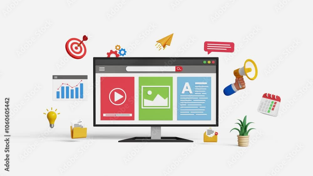 Digital content marketing, content promotion, SEO, organic reach, social media marketing. Video, image and text content analytics dashboard on 3d computer screen with marketing icons. 4K 3D animation Digital content marketing, content promotion, SEO, organic reach, social media marketing. Video, image and text content analytics dashboard on 3d computer screen with marketing icons. 4K 3D animation