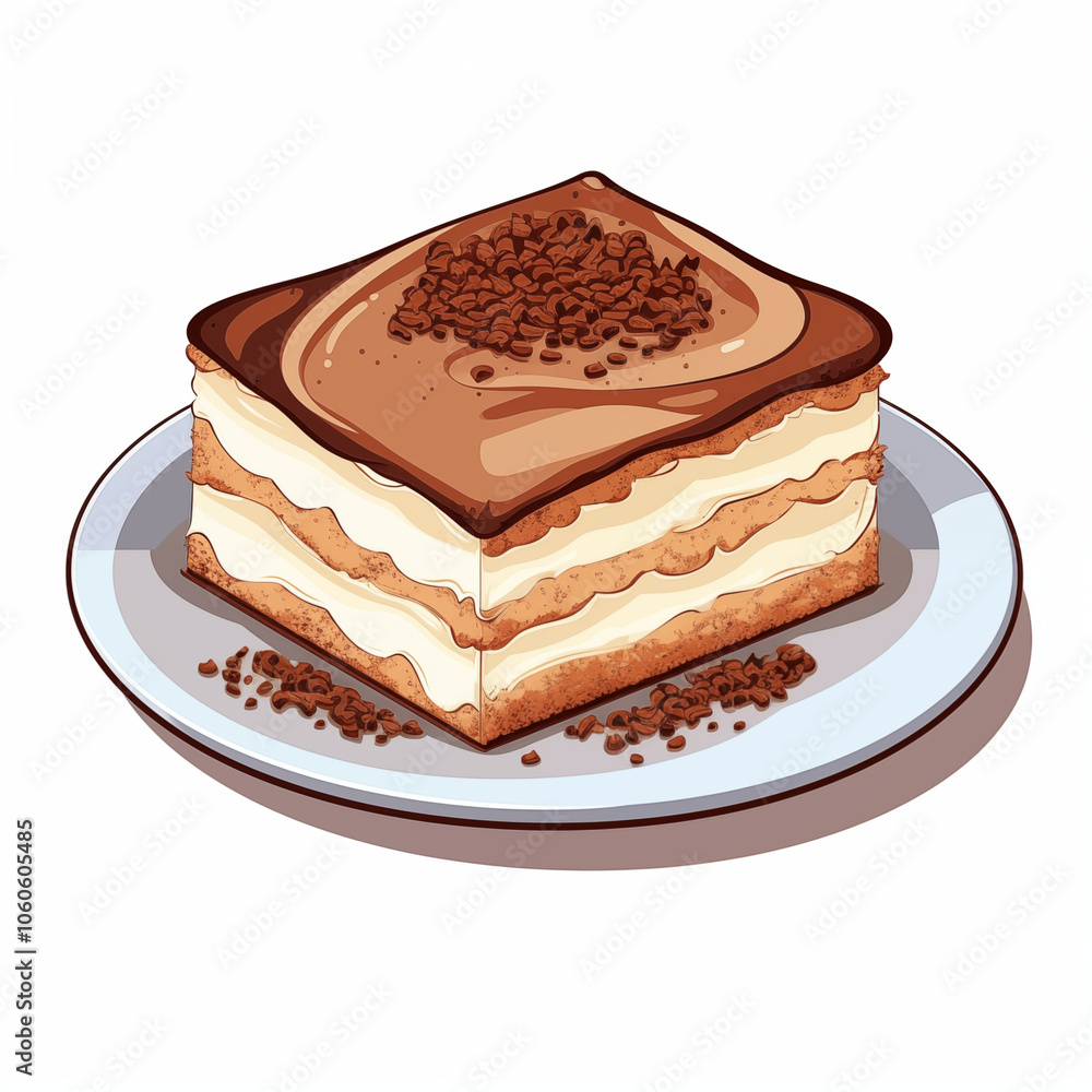 Delicious cartoon depiction of a dessert slice on a plate with chocolate topping and crumbs Delicious cartoon depiction of a dessert slice on a plate with chocolate topping and crumbs