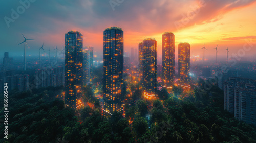 A city skyline with tall buildings and a sunset in the background