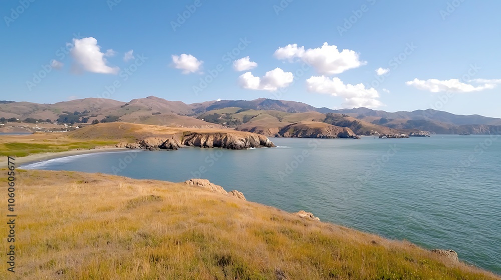 Coastal serenity nature embraces the tranquil shores of a picturesque landscape with rolling hills and gentle waves Coastal serenity nature embraces the tranquil shores of a picturesque landscape with rolling hills and gentle waves