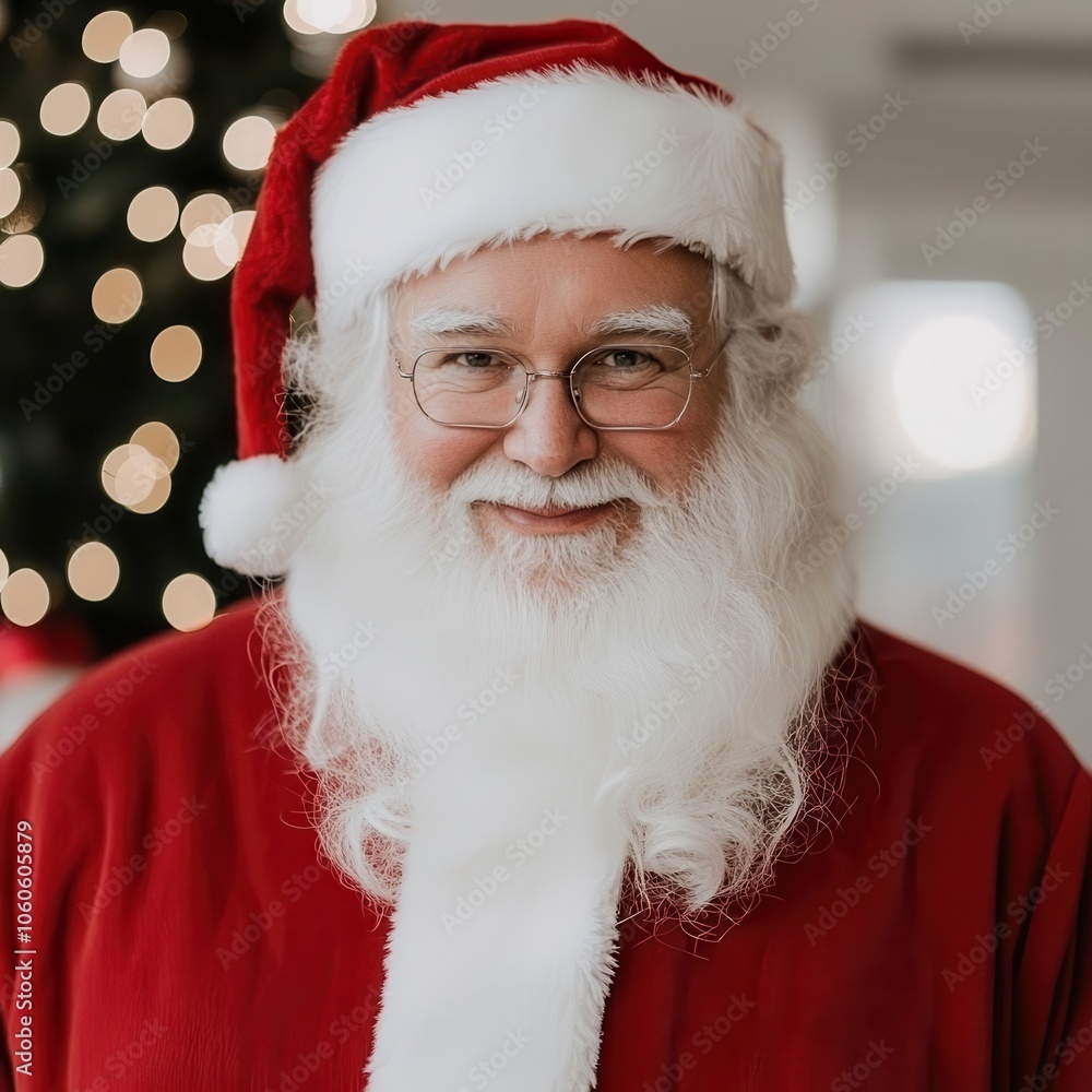 An iconic Santa Claus in a festive setting, wearing a red suit and white beard, radiating holiday cheer with a warm smile. An iconic Santa Claus in a festive setting, wearing a red suit and white beard, radiating holiday cheer with a warm smile.