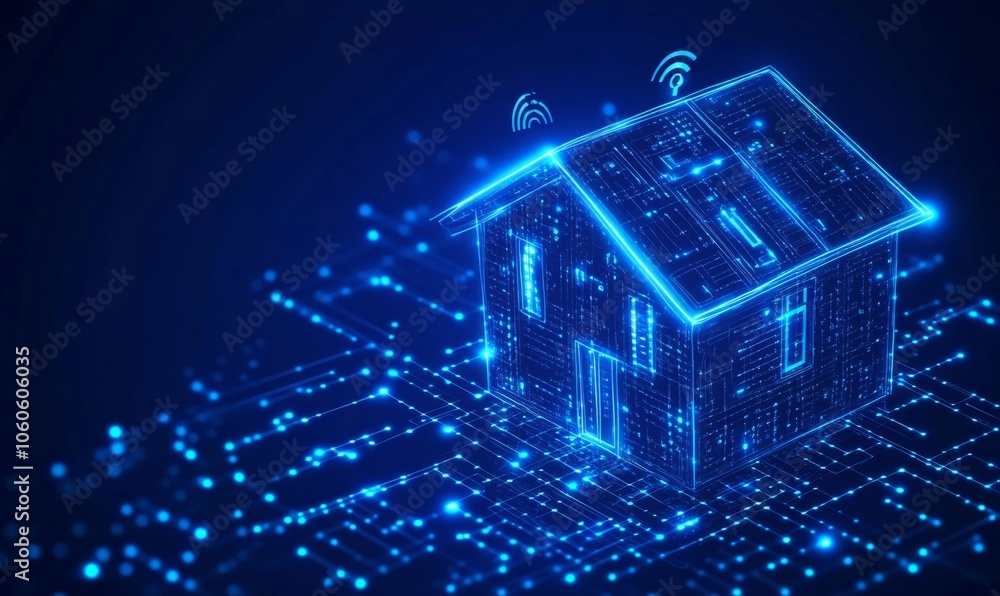 Smart home symbol on a blue background representing wireless technology A flatstyle vector illustration of a house symbolizing connectivity and automation Smart home symbol on a blue background representing wireless technology A flatstyle vector illustration of a house symbolizing connectivity and automation