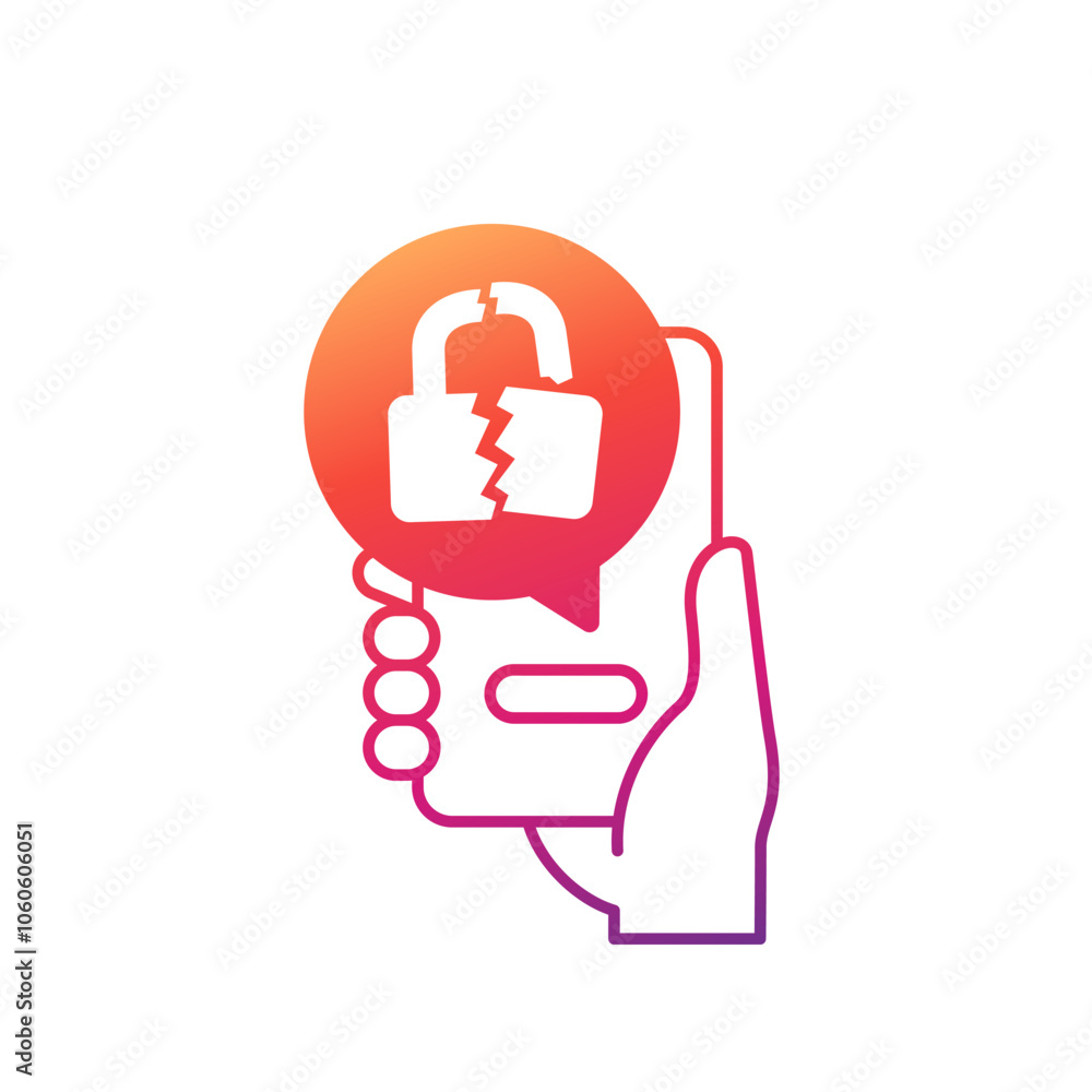 Broken lock icon with a phone in hand Broken lock icon with a phone in hand