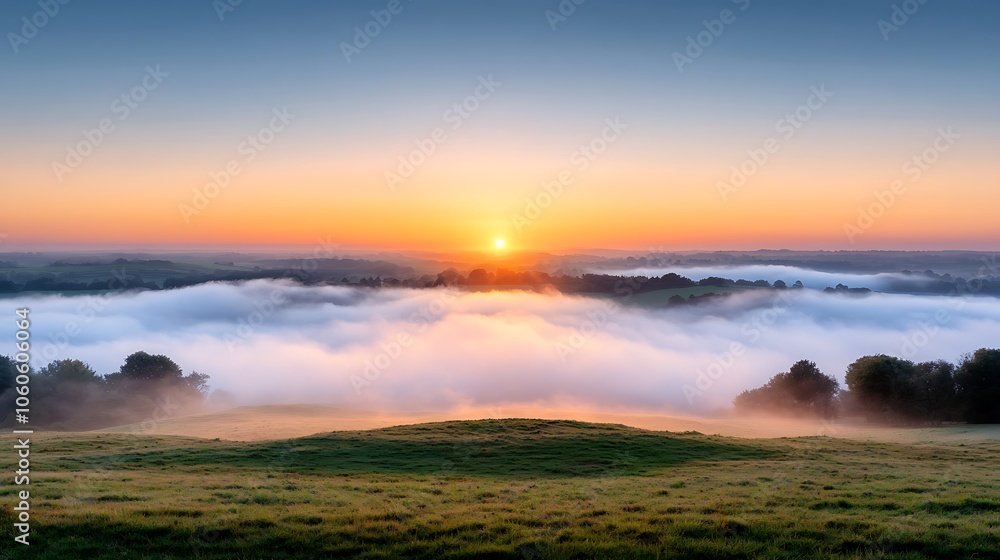 Sunrise illuminates misty landscape creating a serene natural scene Sunrise illuminates misty landscape creating a serene natural scene