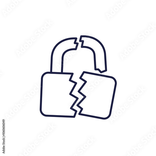Broken lock icon on white, line vector