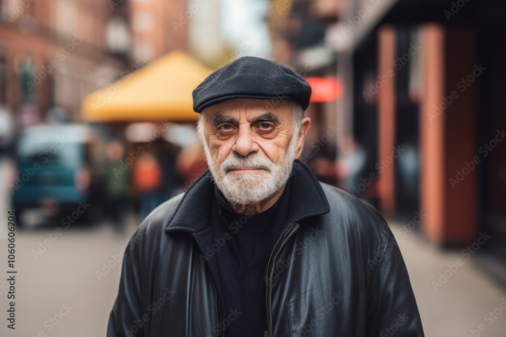 Portrait of an old man with a gray beard and a cap in the city Portrait of an old man with a gray beard and a cap in the city
