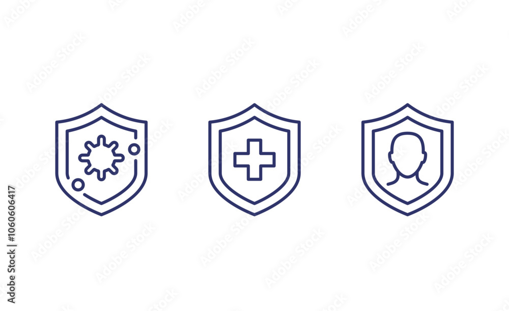 Tableau sur toile immune system and antibacterial protection line icons with shields on white