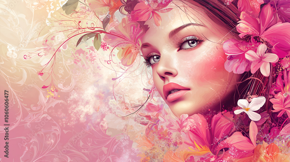 Concept of Beauty. Illustration of beauty woman with abstract floral background Concept of Beauty. Illustration of beauty woman with abstract floral background