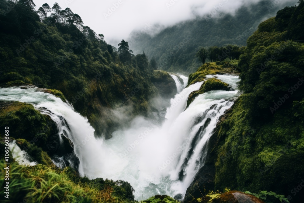 Fototapeta premium Majestic waterfall flowing through verdant mountains with mist and lush tropical vegetation