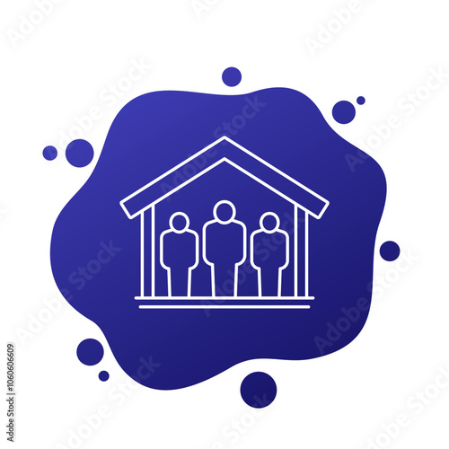 Shelter line icon with people and house, vector