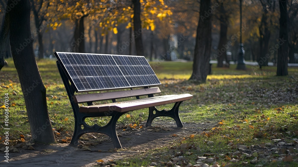 Candid photo of a park bench equipped with a solar panel for device charging, innovative green design in public spaces, 4k resolution Candid photo of a park bench equipped with a solar panel for device charging, innovative green design in public spaces, 4k resolution