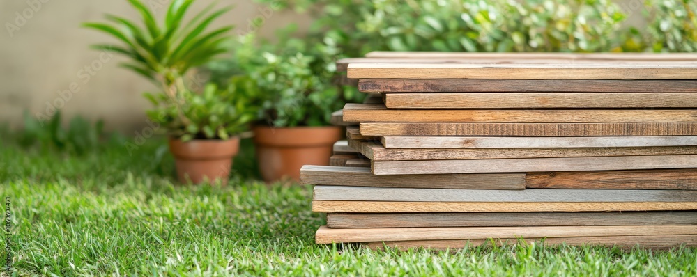 A stack of wooden planks resting on lush green grass, surrounded by potted plants, ideal for construction or gardening themes. A stack of wooden planks resting on lush green grass, surrounded by potted plants, ideal for construction or gardening themes.