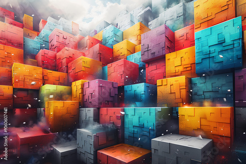 Vibrant 3D Abstract Cubes Floating in a Surreal Cloudscape