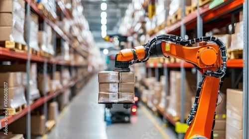 Closeup of robotic arms stacking packages in an organized warehouse aisle, robotics in warehouse, automation efficiency